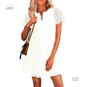 V-Neck Short Sleeve A-Line Lace Mini Dress, Summer Casual Beach Party